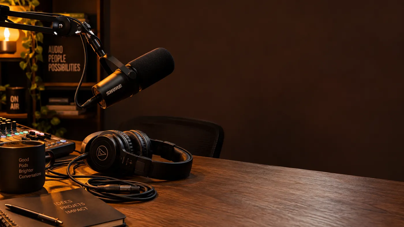 Le plateau vide avant l'enregistrement : micro, casque et table en bois